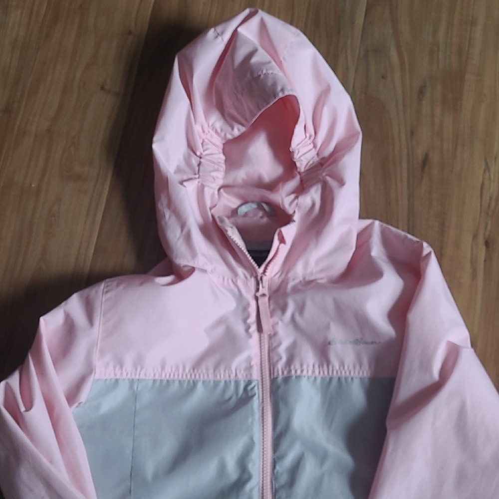 Eddie Bauer Pink and Light Gray Hooded Kids' Rain Jacket